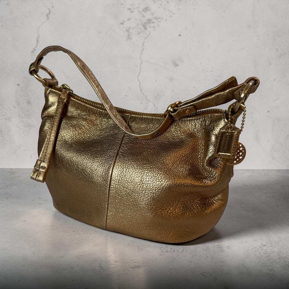 Coach Metallic Gold Leather Mini Hobo Shoulder Bag Y2K Small Purse Brass Charm